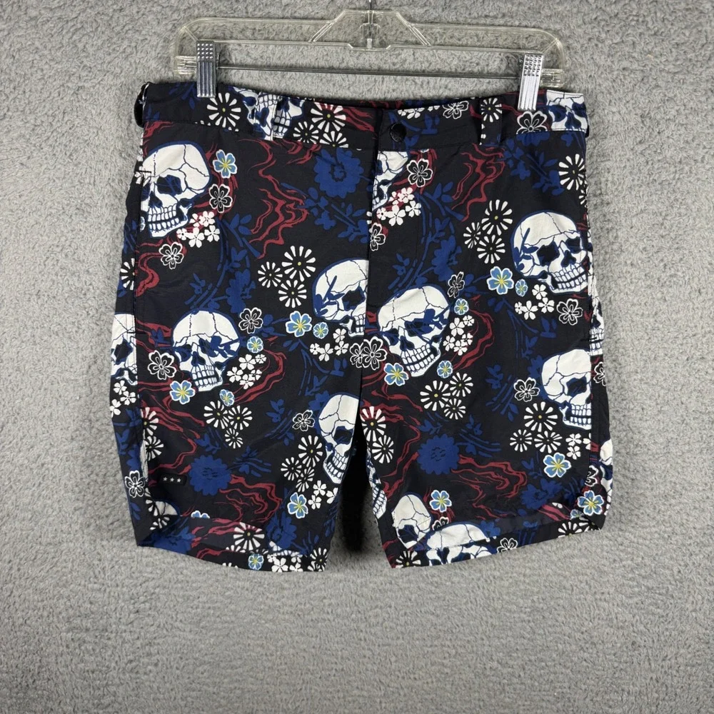 John Varvatos USA Mens Skull Floral Swim Trunks Black Blue Size 31 Board Shorts